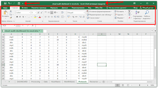 Ниже расположено главное меню в виде ленты с вкладками (с Excel 2007) — через него вызывается большинство функций программы.