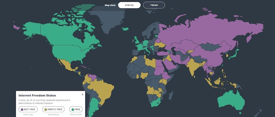 Карта состояния свободы интернета в 2021 году