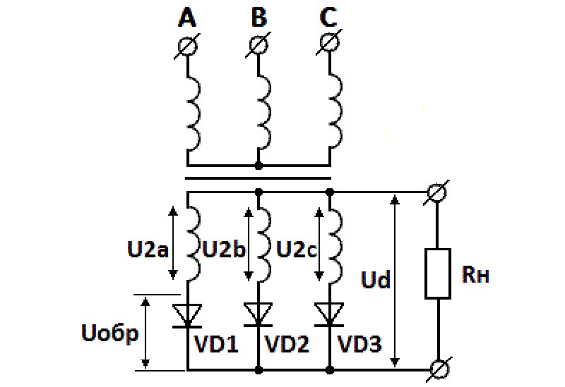 Принципиальная схема однотактного трехфазного мостового выпрямителя