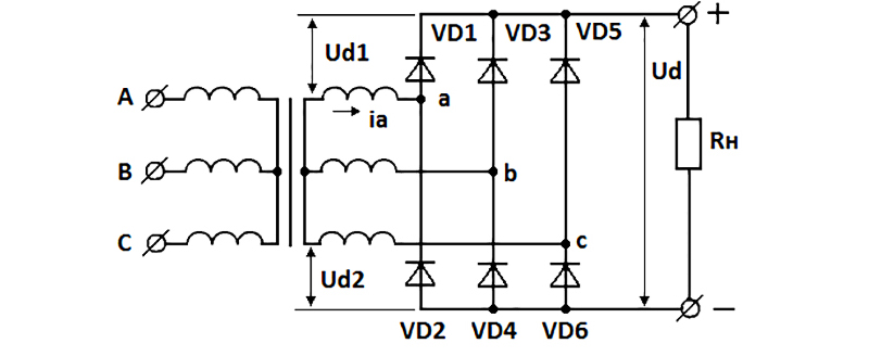 Принципиальная схема трехфазного двухтактного мостового выпрямителя