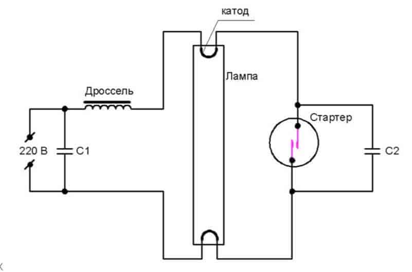 Схема подключения с электромагнитным балластом