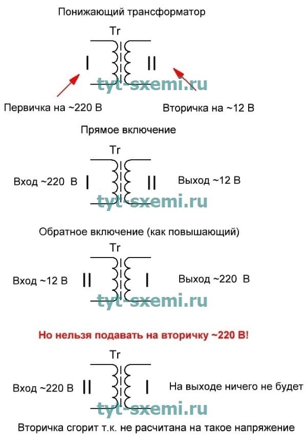 Обратное подключение трансформатора