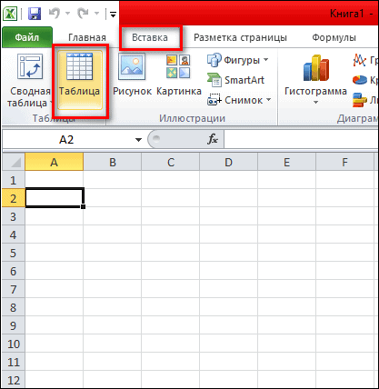 вставить таблицу через панель инструментов